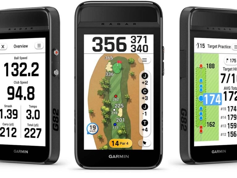 Garmin Approach G82 GPS handheld device with radar launch monitor and touchscreen, featuring a colour display and sleek design, ideal for golfers in the UK