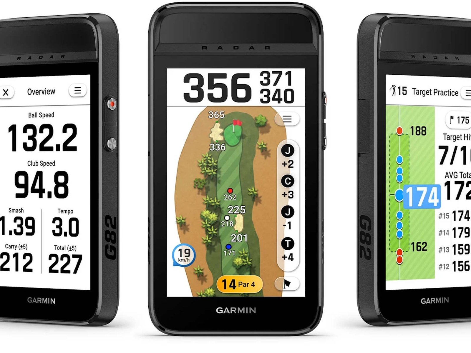Garmin Approach G82 GPS handheld device with radar launch monitor and touchscreen, featuring a colour display and sleek design, ideal for golfers in the UK