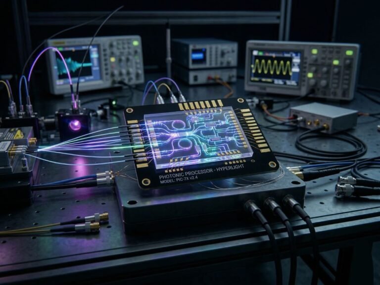 A close-up of the ultra-compact, light-based chip, showcasing its intricate design and nanoscale components, a testament to UK innovation in the field of data processing and technology