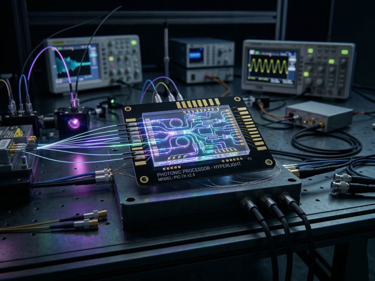 A close-up of the ultra-compact, light-based chip, showcasing its intricate design and nanoscale components, a testament to UK innovation in the field of data processing and technology