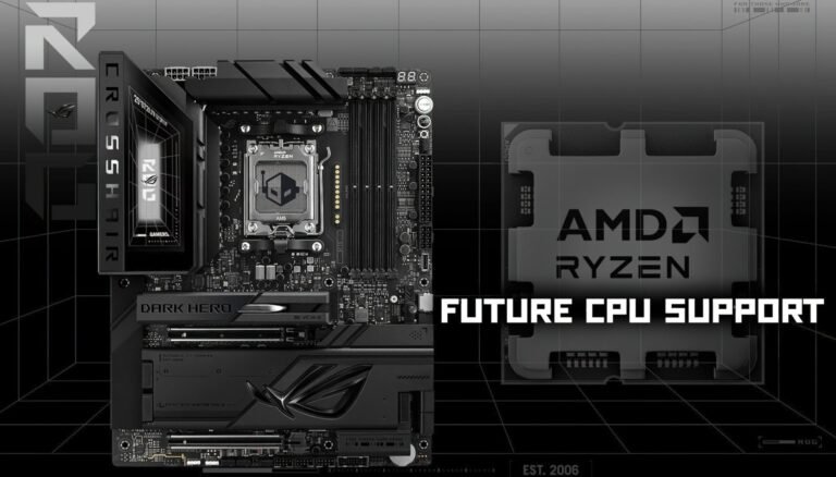 ASUS X870 motherboard with a future Ryzen CPU, showcasing the latest BIOS update and its features, including improved performance and compatibility