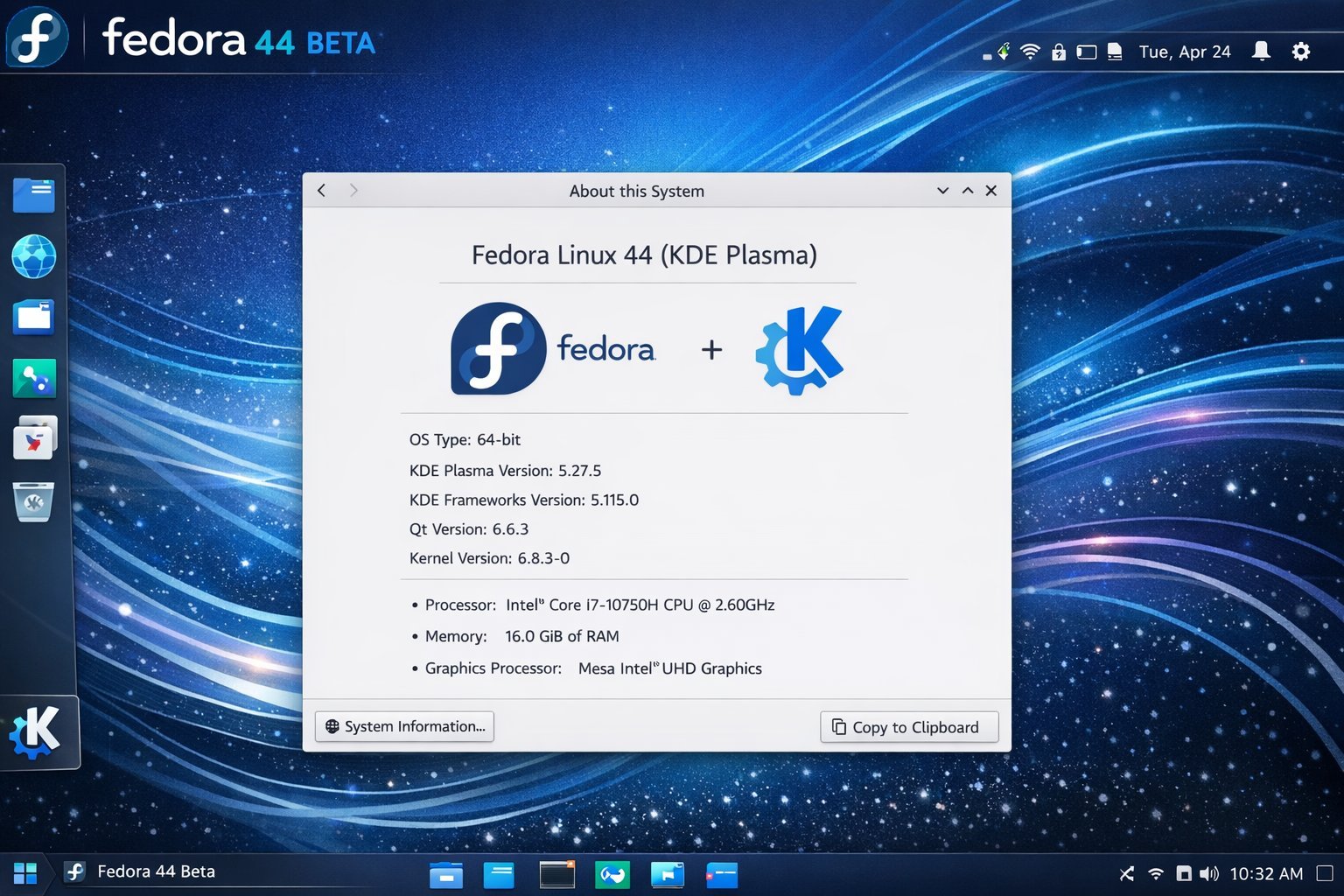 Fedora Linux 44 beta screenshot showcasing the unified KDE Plasma experience, with a UK-themed wallpaper and a range of customisation options, highlighting the operating system's colour scheme and overall behaviour