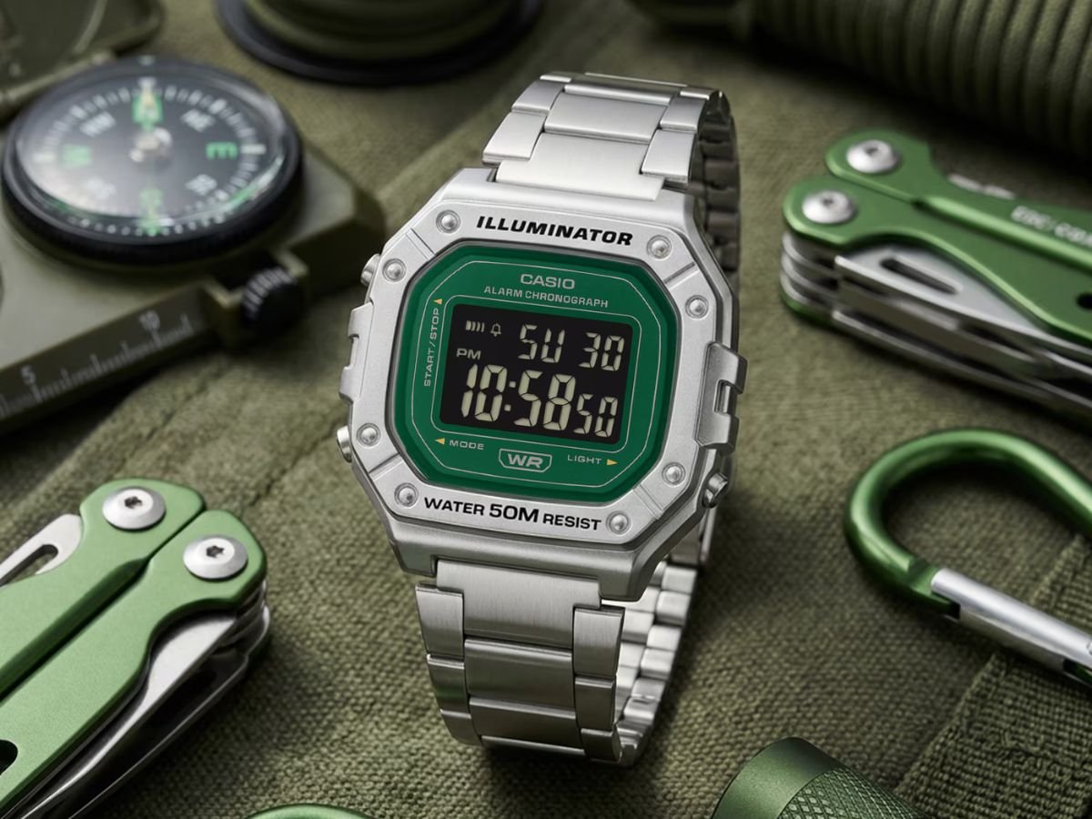 The Casio W218HD-3AV digital watch features a dark display, a vibrant green dial, and a sturdy metal strap, making it a stylish and affordable accessory for any occasion, with a primary keyword of digital watch
