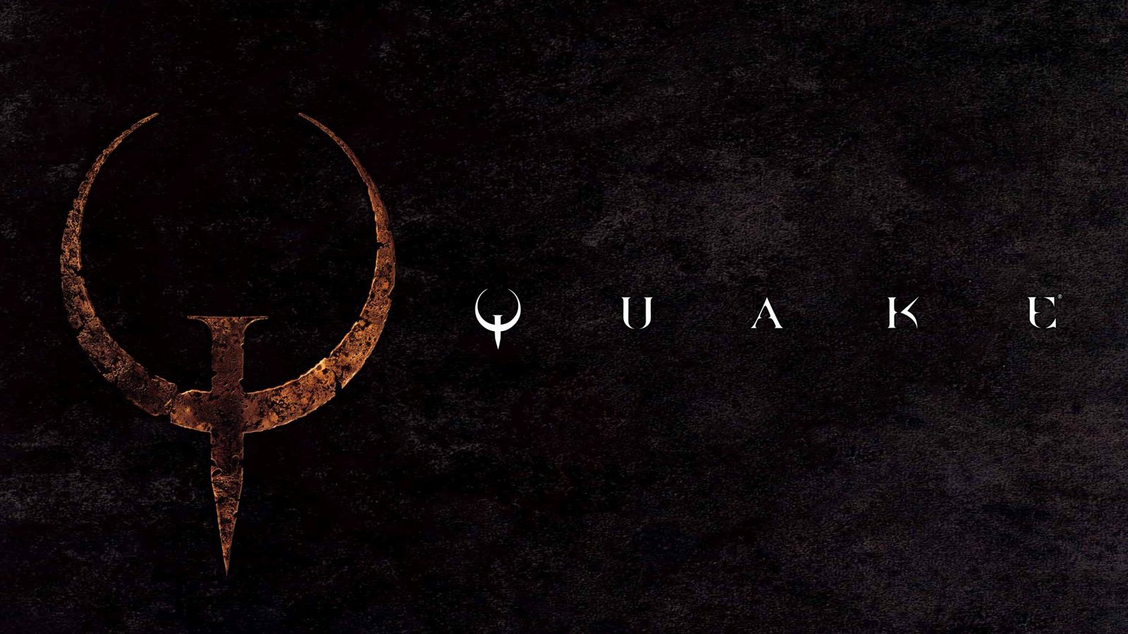 A screenshot of the original Quake game, with a dark and gritty colour palette, showcasing the game's fast-paced action and thrilling multiplayer mode, with the Quake logo prominently displayed, set against a backdrop of a UK cityscape