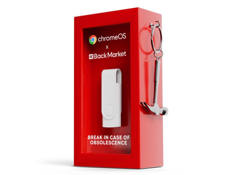 A person holding a laptop with a Google USB drive inserted, with a subtle background image of the UK flag, highlighting the ChromeOS Flex installer and its ability to revive old devices