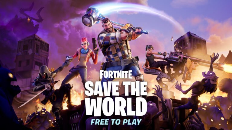 Fortnite Save the World mode gameplay screenshot, showing co-op players building and fighting together in a post-apocalyptic world, with a mix of colour and action, allowing players to analyse their surroundings and behave strategically