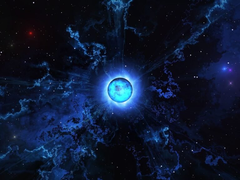 A descriptive image of a neutron star collision in a distant galaxy, showcasing the colourful and complex nature of these celestial objects, with the UK's astronomical community at the forefront of this discovery