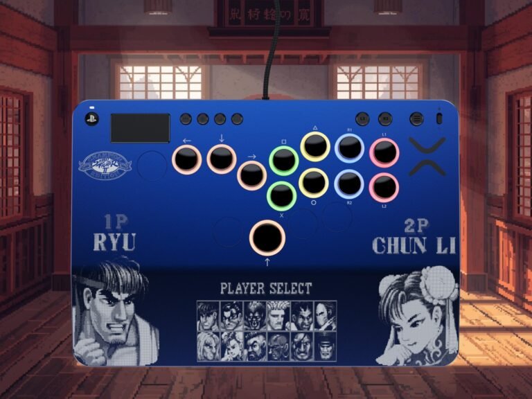The Turtle Beach Victrix Pro KO Leverless Fight Stick, a Street Fighter II-themed gaming accessory with a stick-less design, featuring Ryu and Chun-Li, promoting faster inputs and compatible with PS4, PS5, and PC fighting games, available in the UK