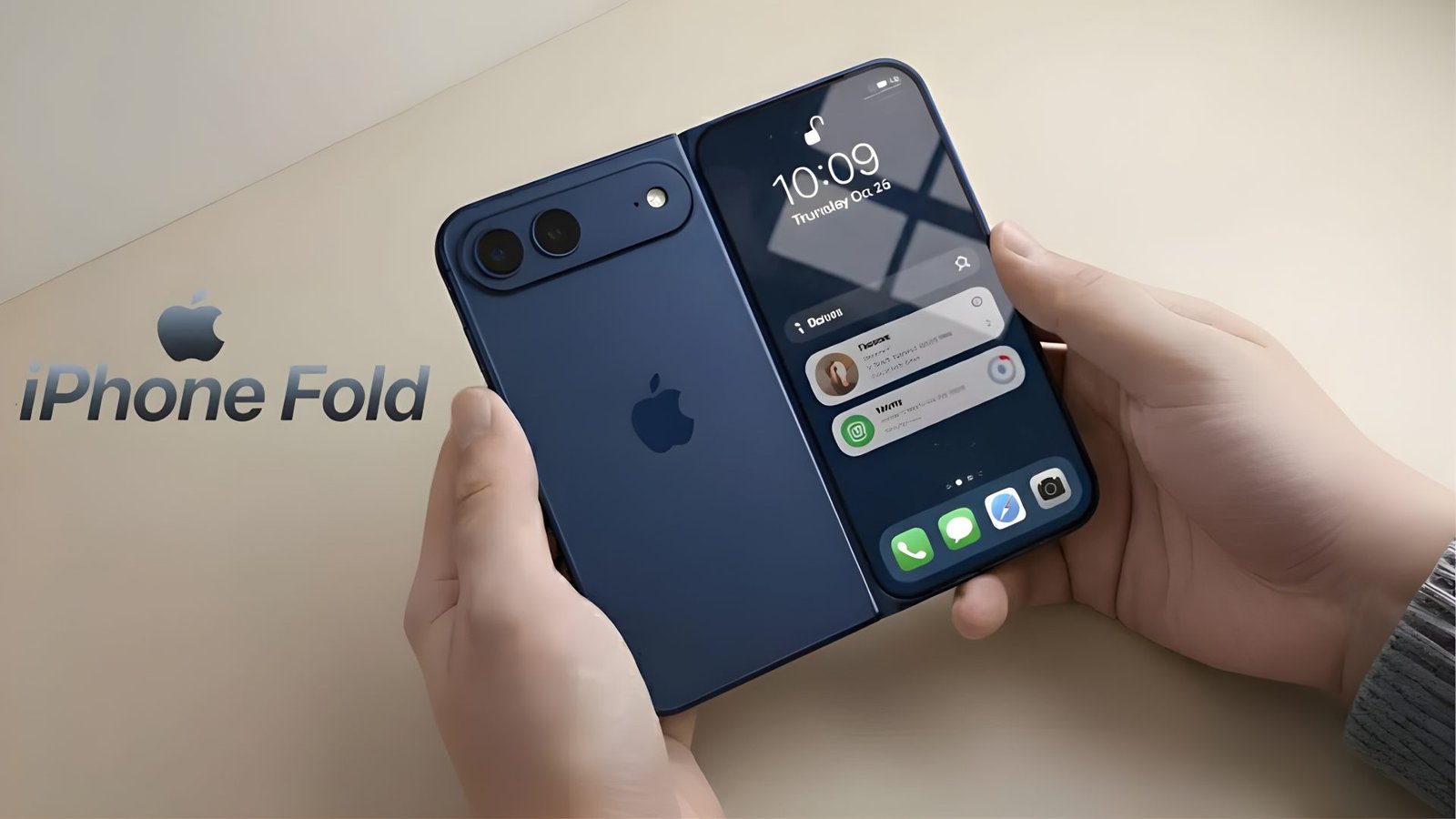 Apple's iPhone Fold featuring a large foldable screen with iPad-like features, perfect for mobile productivity in the UK, with a sleek and stylish design
