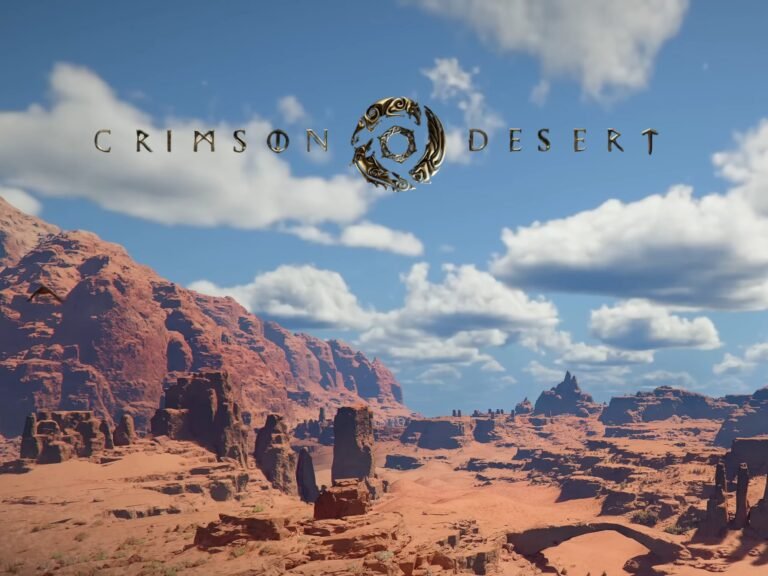 Crimson Desert gameplay screenshot showing open world and combat, with a vast desert landscape and a range of characters and quests to discover and complete, set in the UK release