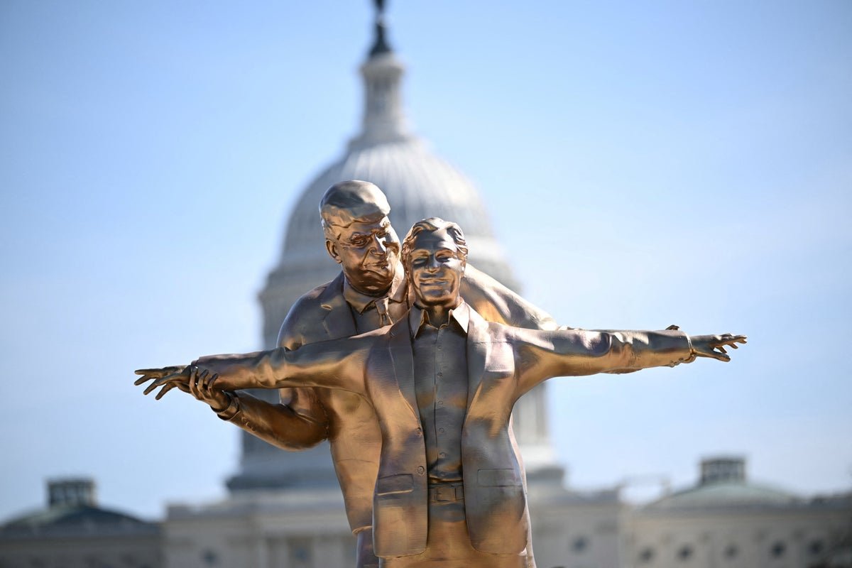 A statue of Donald Trump and Jeffrey Epstein standing at the bow of a ship, reminiscent of the Titanic scene, with a cityscape in the background, highlighting the contrast between the film's characters and the real-life individuals, with a focus on the primary keyword phrase 'Trump and Epstein statue'