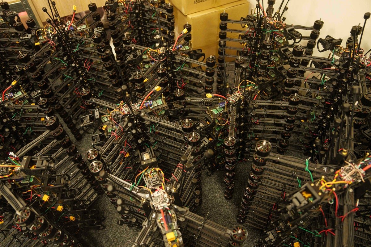 A Ukrainian drone in flight, showcasing the country's innovative use of low-cost unmanned aerial vehicles in modern warfare, with a focus on Ukraine drones