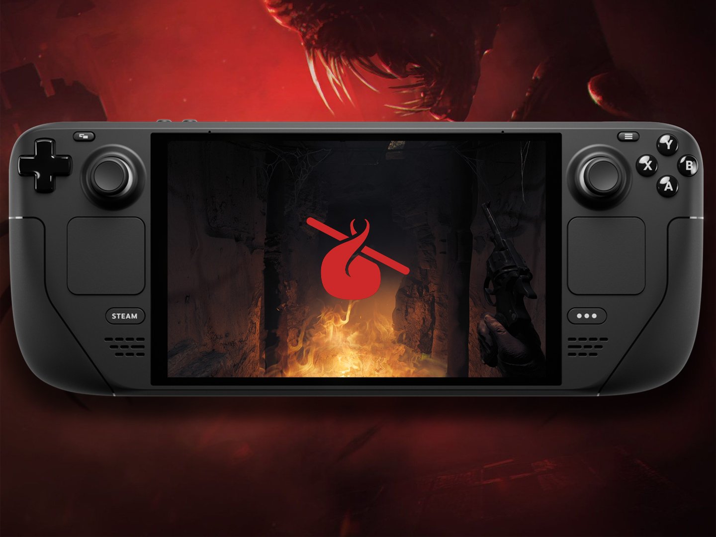 A person holding a Steam Deck, with a horrified expression, surrounded by dark and eerie environments from the horror games included in the Humble Bundle collection, with a UK cityscape in the background