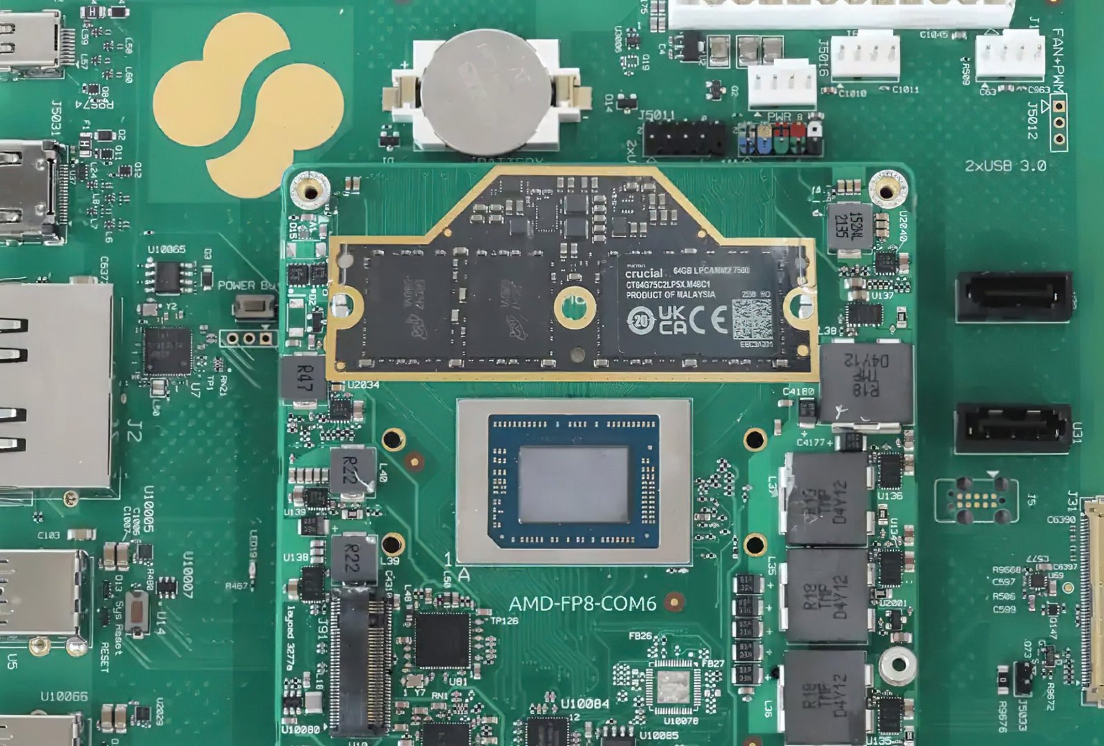 A close-up of the AMD Ryzen AI Embedded P100 SoC, highlighting its compact design and impressive capabilities, with the UK cityscape in the background, showcasing the potential of Edge AI in the UK