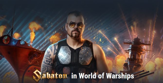 Sabaton's lead singer, Joakim Brodén, in World of Warships as a special commander, symbolising the unique collaboration between the metal band and the game, reflecting the vibrant colour and dynamic behaviour of the gaming community