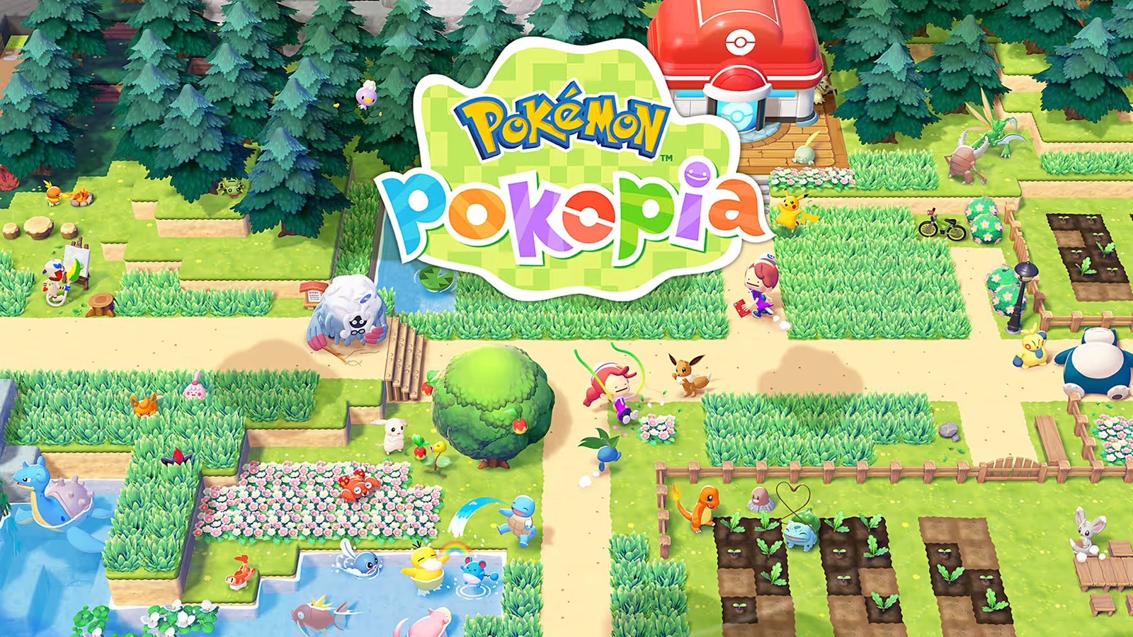 Featured image of Pokémon Pokopia gameplay, showcasing its vibrant colour palette and charming characters, with a Pokémon paradise in the background, highlighting the game's creative freedom and adorable creatures