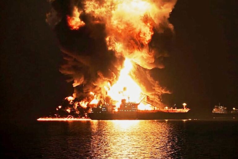 An image of a fuel tanker on fire in the Gulf, with a caption describing the incident and highlighting the primary keyword phrase 'Iran's maritime aggression'