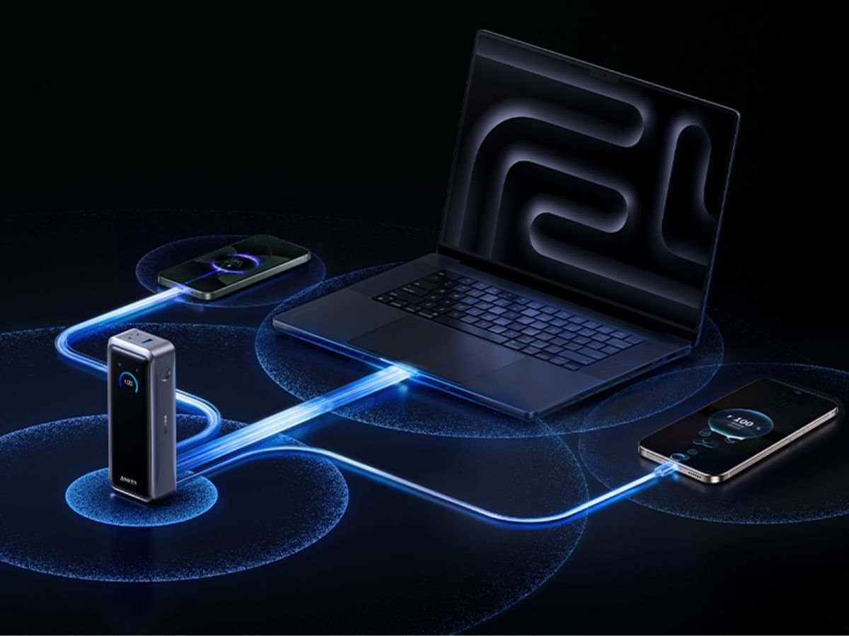 The Anker Prime Power Bank, a compact and lightweight portable charger with advanced fast charging protocols, available in the UK, featuring a high-capacity battery and sleek design, perfect for commuters and travellers