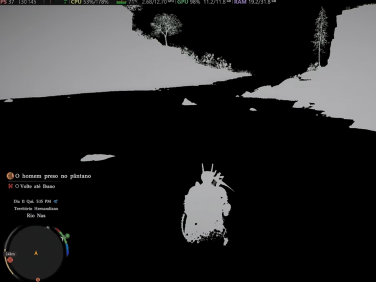 Crimson Desert gameplay screenshot with missing textures and shader problems on Intel Arc GPU, highlighting the need for optimization and compatibility in UK gaming