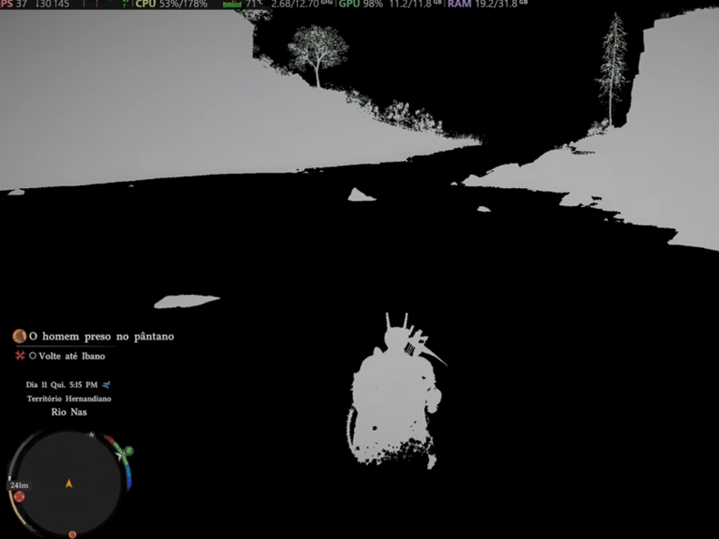 Crimson Desert gameplay screenshot with missing textures and shader problems on Intel Arc GPU, highlighting the need for optimization and compatibility in UK gaming