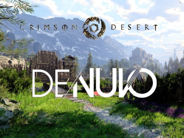 Crimson Desert gameplay screenshot with Denuvo DRM logo, showcasing the game's engaging graphics and potential performance issues in the UK