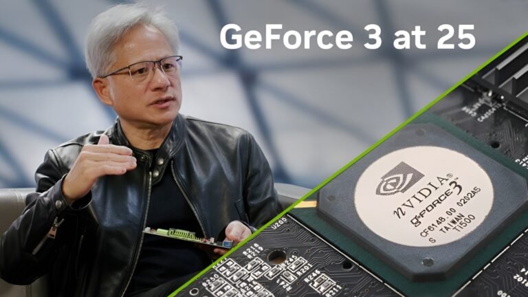 NVIDIA's GeForce 3 GPU, a pivotal moment in the AI revolution, with a natural and scenic background, highlighting the UK's thriving tech scene and the GPU's influence on gaming and AI