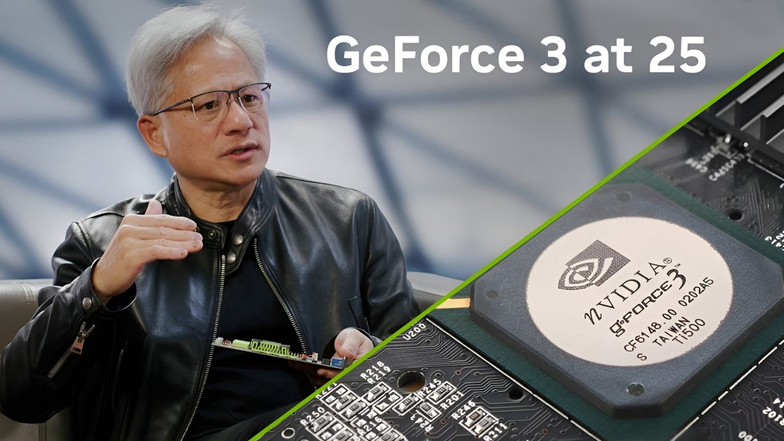 NVIDIA's GeForce 3 GPU, a pivotal moment in the AI revolution, with a natural and scenic background, highlighting the UK's thriving tech scene and the GPU's influence on gaming and AI