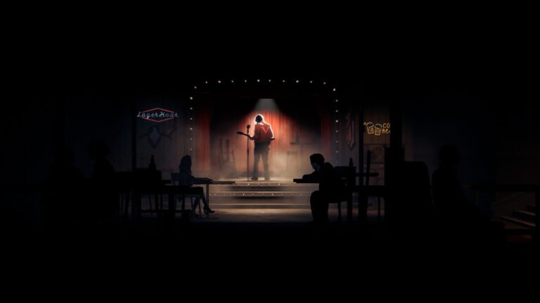 A haunting image of the abandoned town of Silver Pines, with a full moon hanging low in the sky, casting an eerie glow over the deserted streets, featuring a private investigator in the foreground, highlighting the game's thrilling horror theme