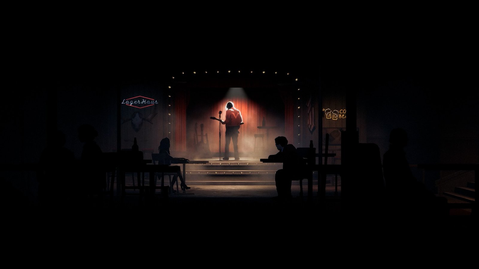 A haunting image of the abandoned town of Silver Pines, with a full moon hanging low in the sky, casting an eerie glow over the deserted streets, featuring a private investigator in the foreground, highlighting the game's thrilling horror theme