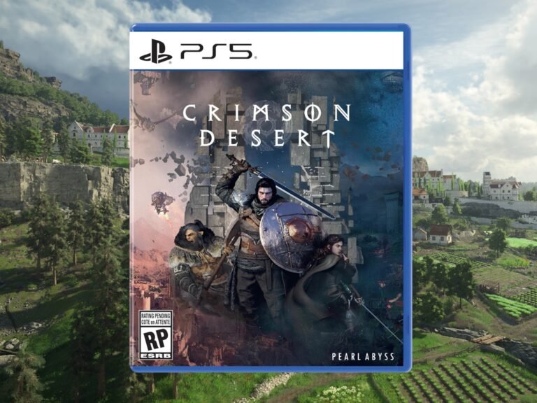 Crimson Desert PS5 game box art featuring a warrior in a vast desert landscape, with the UK release date and 48GB download requirement