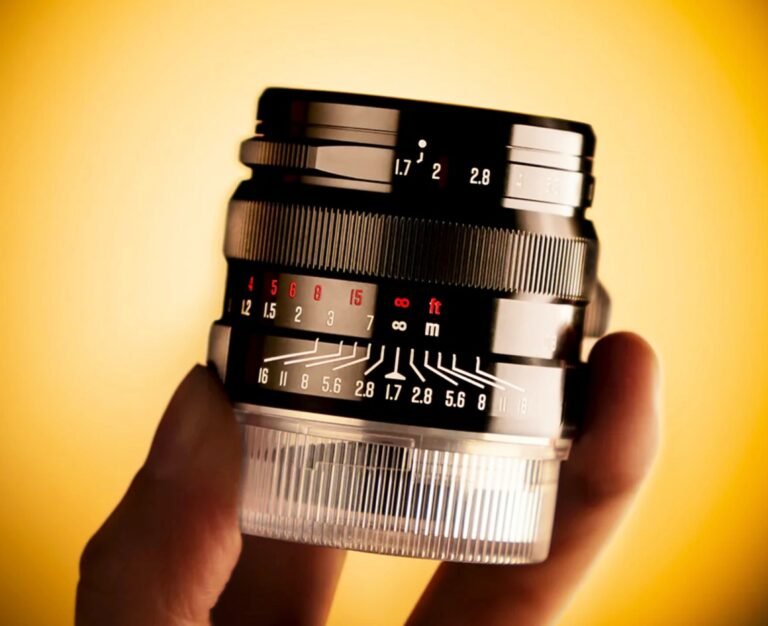 A close-up of the Brightin Star 35mm f/1.7 full-frame lens, showcasing its compact size and Leica-style design, perfect for capturing high-quality images in the UK with its 6 aspherical lens surfaces
