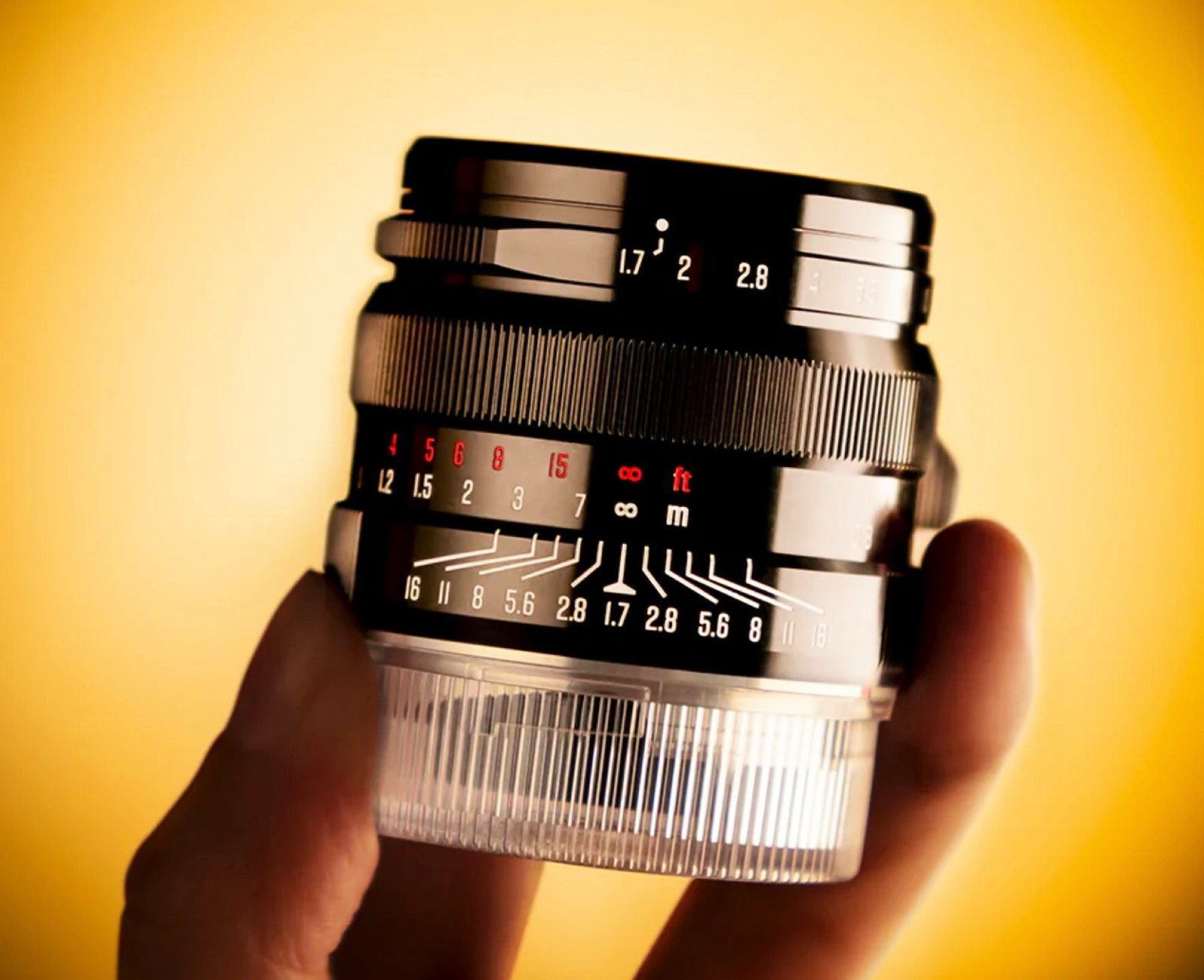 A close-up of the Brightin Star 35mm f/1.7 full-frame lens, showcasing its compact size and Leica-style design, perfect for capturing high-quality images in the UK with its 6 aspherical lens surfaces