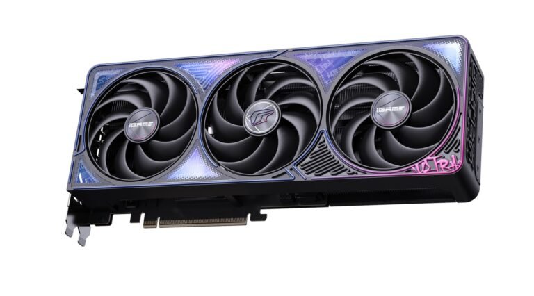 The Colorful iGame GeForce RTX 50 Ultra Series graphics card, featuring a sleek black design with hip-hop art-inspired shroud and graffiti RGB lighting, perfect for UK gaming enthusiasts