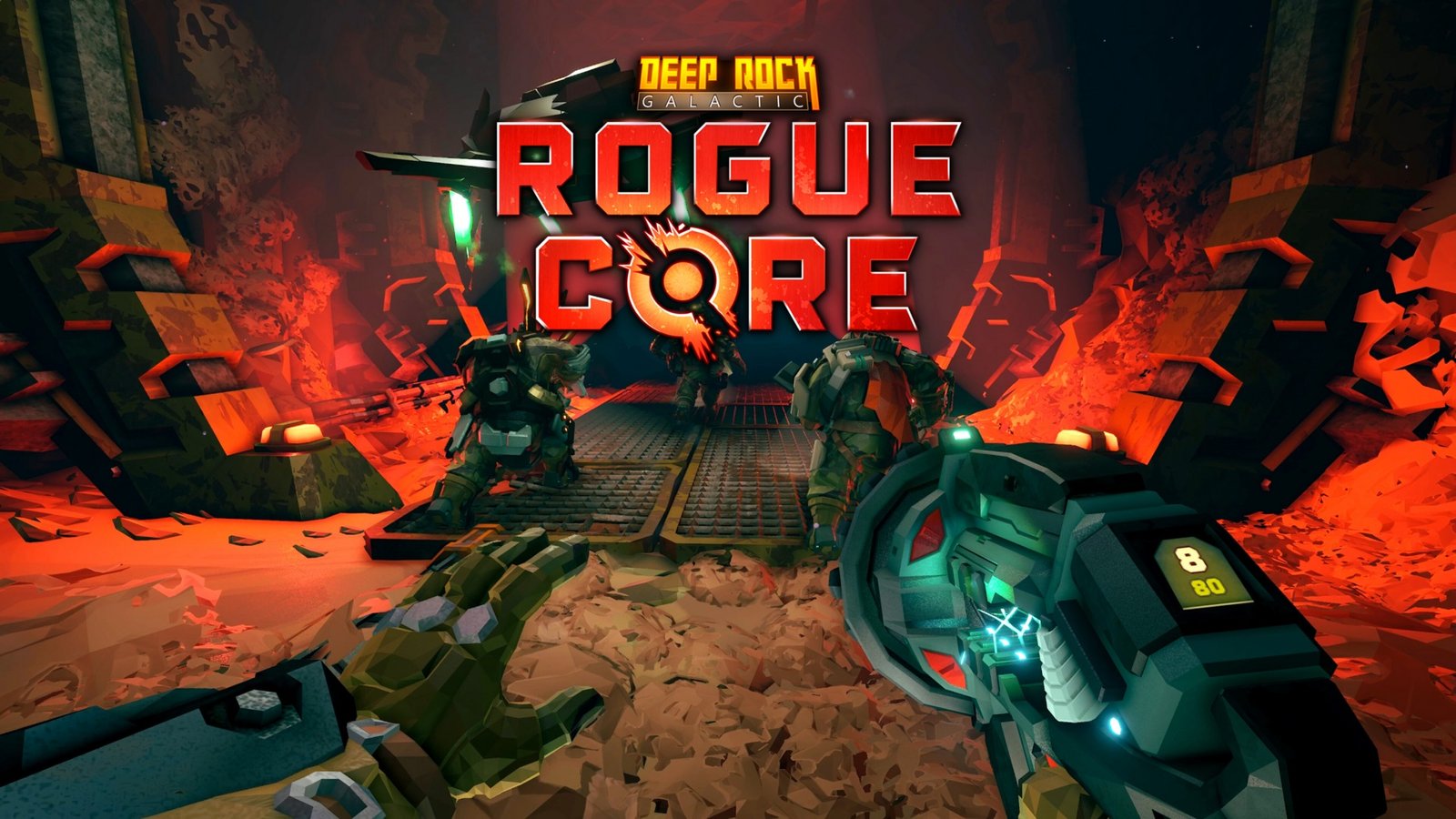 Deep Rock Galactic: Rogue Core gameplay screenshot, showing a team of players exploring a procedurally generated mine, with a range of enemies and obstacles to overcome, in the UK