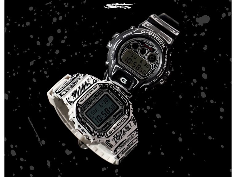 A close-up of the G-Shock x Joshua Vides watch, featuring bold black-and-white comic-style graphics, with a hand-drawn sketch design, showcasing the watch's unique and striking aesthetic, a true masterpiece of watch design, with a nod to the comic book world, and a testament to Casio's commitment to innovation and creativity
