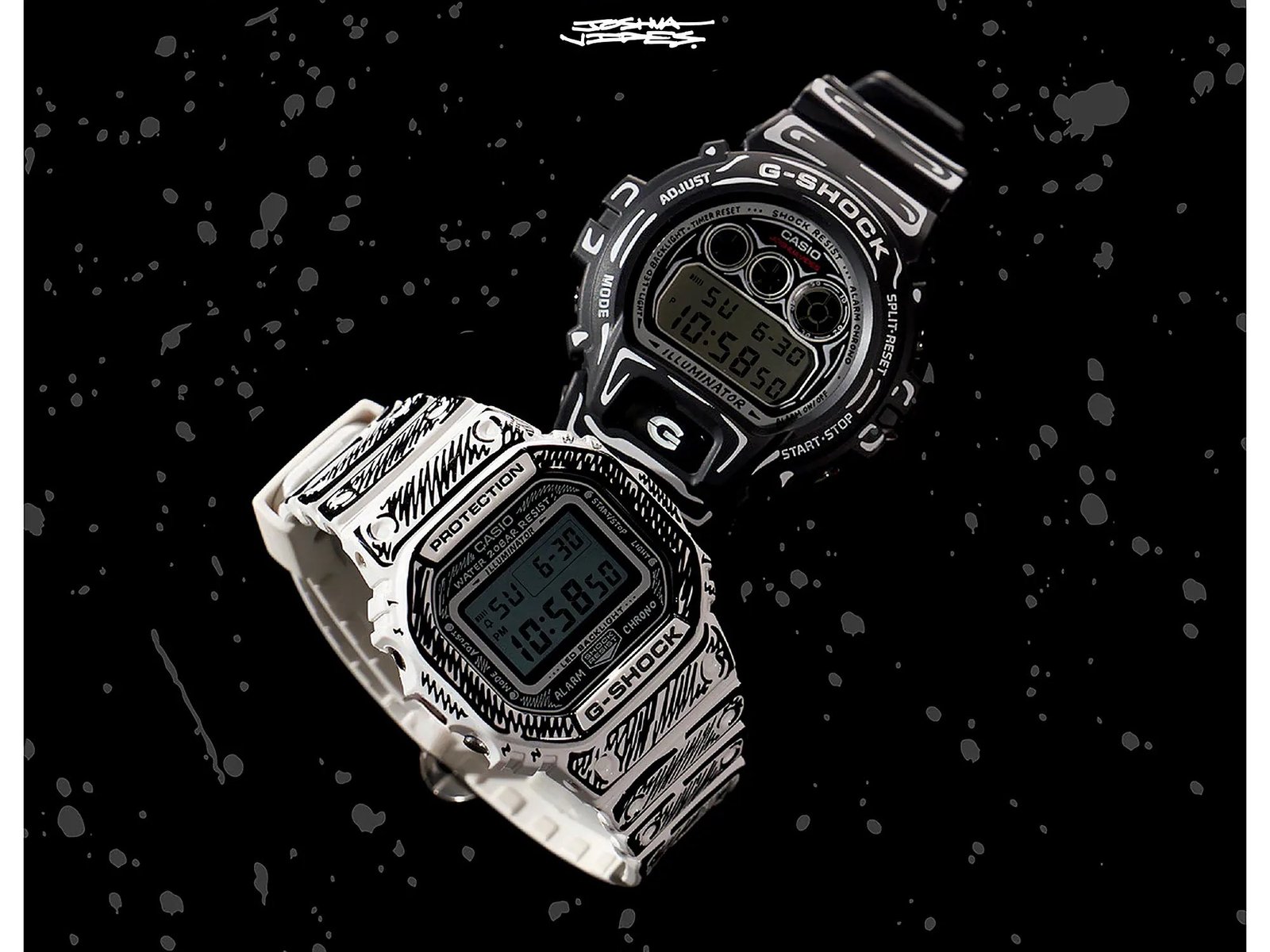 A close-up of the G-Shock x Joshua Vides watch, featuring bold black-and-white comic-style graphics, with a hand-drawn sketch design, showcasing the watch's unique and striking aesthetic, a true masterpiece of watch design, with a nod to the comic book world, and a testament to Casio's commitment to innovation and creativity