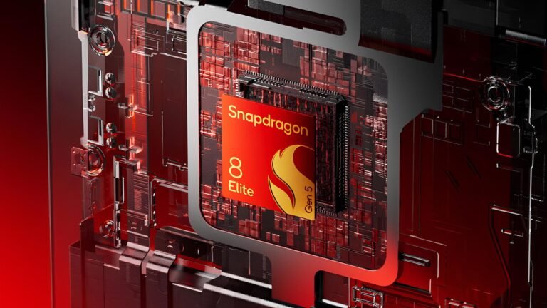 A close-up of a smartphone's internal components, including the Qualcomm Snapdragon 8 Elite Gen 5 chipset, LPDDR5X RAM, and UFS 4.1 storage, highlighting the complex technology that goes into creating a high-performance device, with a focus on the UK smartphone market and the impact of rising component costs on consumers