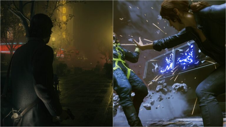 A screenshot of Alan Wake 2 gameplay with enhanced visuals, showcasing the improved image stability and clarity of motion provided by the PS5 Pro PSSR 2.0 upscaler, set against the backdrop of a UK gaming landscape