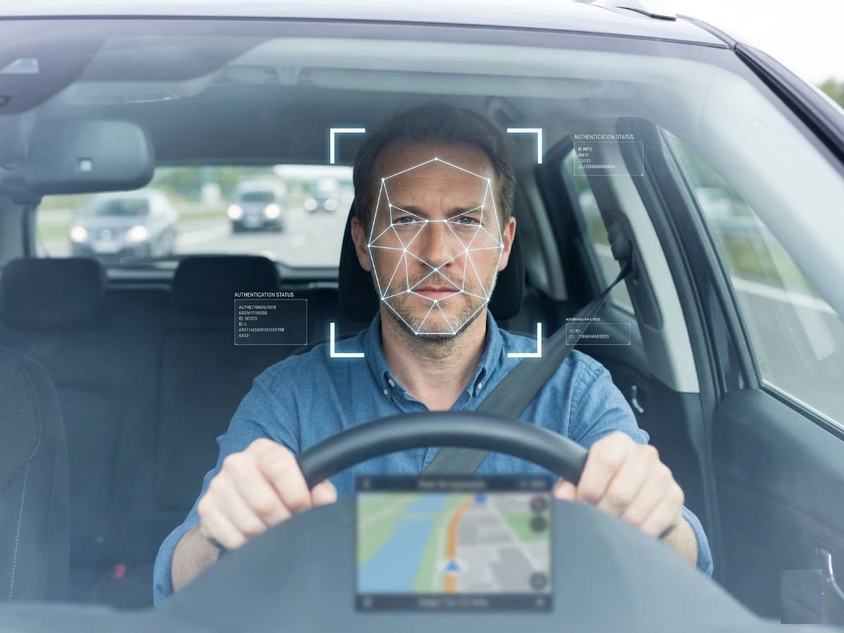 A close-up of a driver's face, with a facial AI system monitoring their expressions and behaviour, using advanced colour and contrast analysis to detect early warning signs of hazardous driving, such as drowsiness or aggression, in a UK-based vehicle