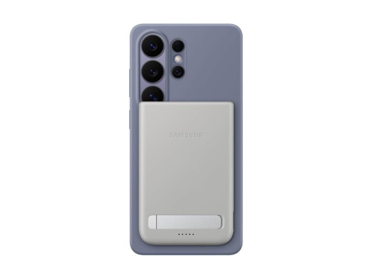 Samsung's Qi2 magnetic power bank for Galaxy S26 series, featuring a unique cutout design and compact shape, perfect for wireless charging on-the-go in the UK