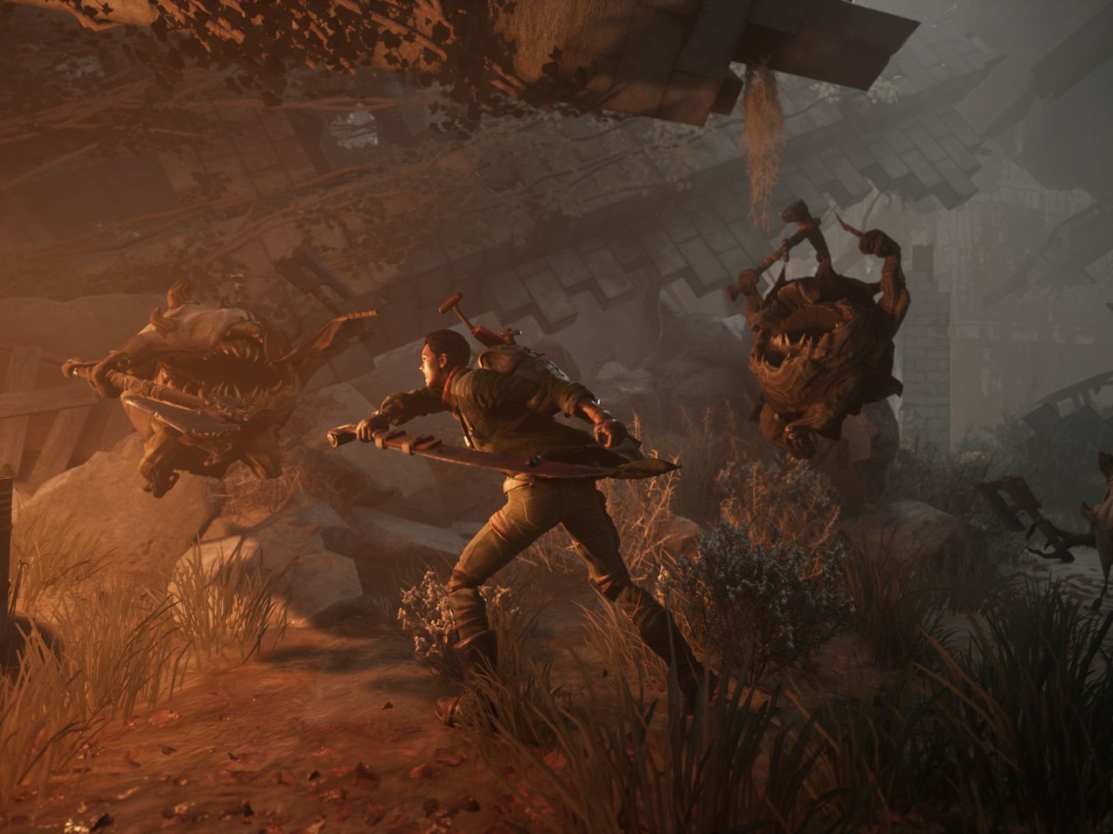 A group of survivors fighting against monstrous creatures in a post-apocalyptic world, with a ruined cityscape in the background, showcasing the game's richly detailed environment and intense action sequences, set in a UK-like landscape