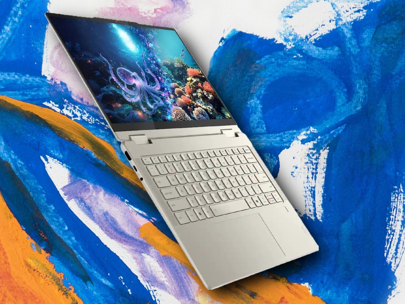 Lenovo Yoga 7 2-in-1 laptop with 16 GB RAM and superior display, available at a discounted price in the UK, featuring a stunning colour display and sleek design