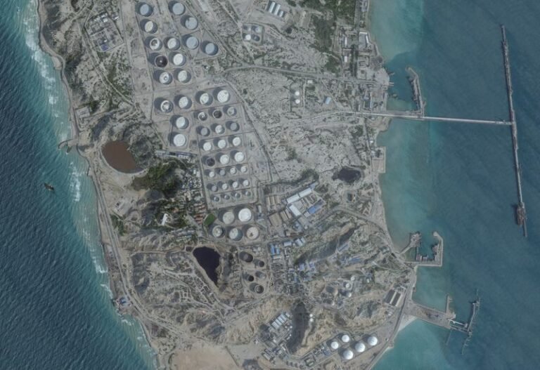 Aerial view of Kharg Island, a strategic hub for Iran's oil exports, with numerous terminals and facilities, surrounded by the Persian Gulf
