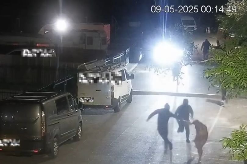 A caravan site with a police car in the background, highlighting the need for increased security measures to prevent incidents like the recent stabbing, with a focus on community safety and caravan site stabbing