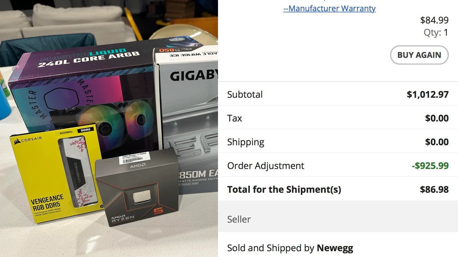 A photo of a PC build with 32 GB DDR5 memory, Ryzen 7600X CPU, AIO cooler, and B850M motherboard, showcasing the incredible components that make up this UK PC build bargain, with a focus on the primary keyword, UK PC build