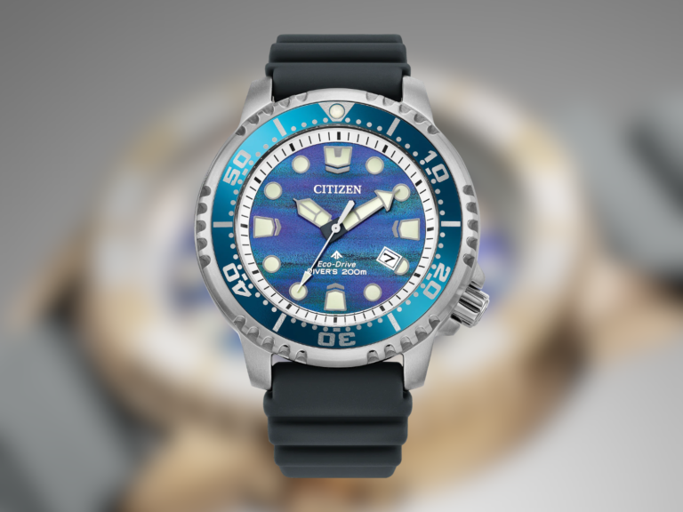 Citizen Promaster divers with structural ink dials and Eco-Drive technology, featuring a close-up of the watch face and a diving scene in the background, showcasing the timepiece's water resistance and stylish design