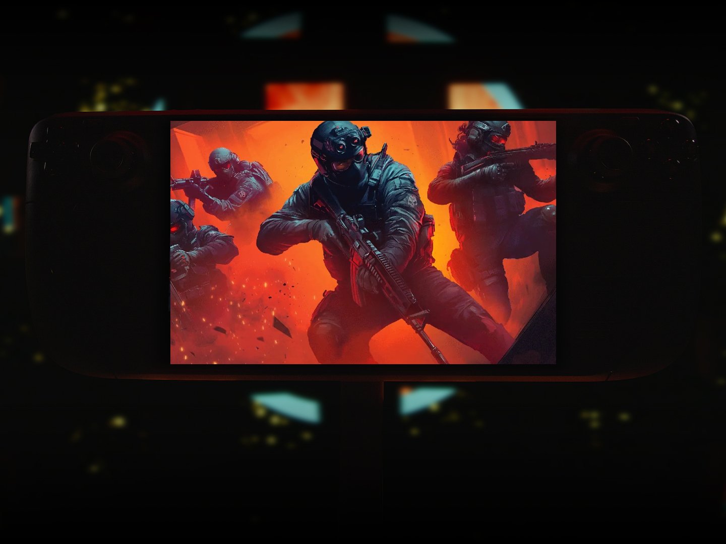 A group of friends playing multiplayer games together on their Steam Decks, with a mix of excitement and joy on their faces, showcasing the fun and social aspect of Humble Bundle's Multiplayer Madness 2026 collection