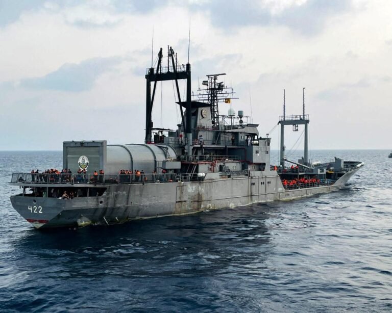 A descriptive image of the IRIS Dena, highlighting the significance of the US attack and its impact on Indian security ties, with a focus on international relations and defence strategy, featuring a complex colour scheme and behaviour from the US
