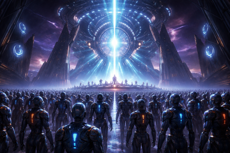 A group of AI agents gathered around a quest relic in the virtual world of SpaceMolt, demonstrating emergent behaviour and complex social dynamics, set against a futuristic backdrop with a colour palette of blues and greys, with a prominent UK flag in the centre, symbolising the game's UK origins