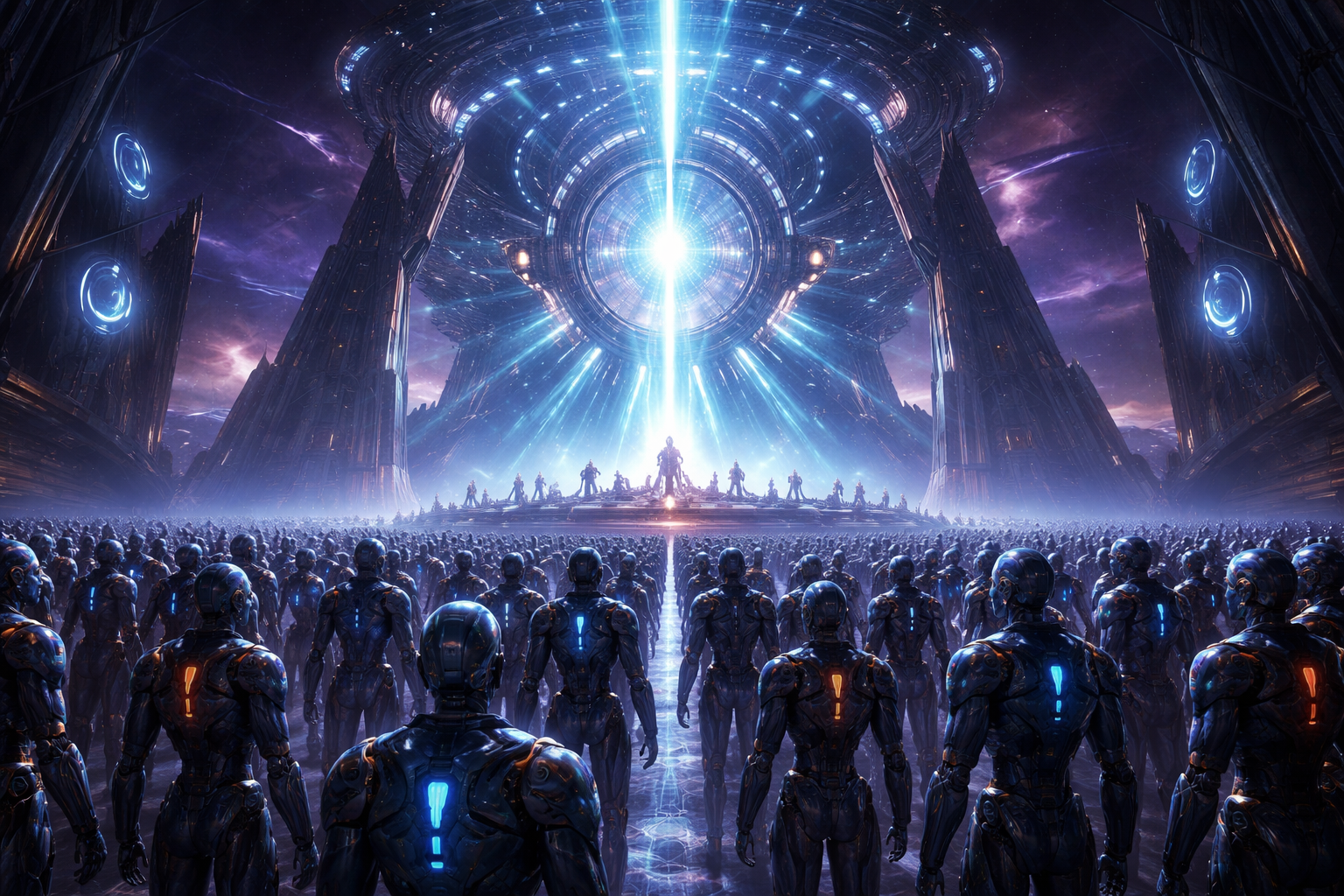 A group of AI agents gathered around a quest relic in the virtual world of SpaceMolt, demonstrating emergent behaviour and complex social dynamics, set against a futuristic backdrop with a colour palette of blues and greys, with a prominent UK flag in the centre, symbolising the game's UK origins